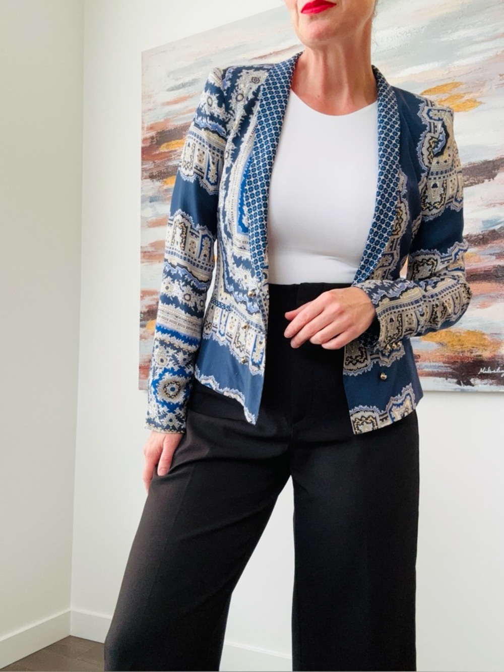 ZARA Navy Blue Ornate Paisley Patterned Blazer Size Medium